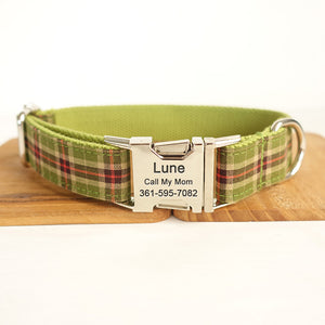 Personalized Dog Collar Metal Engraved Green Plaid Canvas Woven Cotton