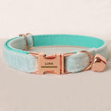 Personalized Cat Collar Engraved Rose Gold Buckle Mint Blue Thick Velvet