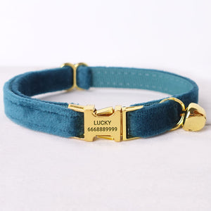 Personalized Cat Collar Engraved Bright Gold Buckle Gem Green Thick Velvet