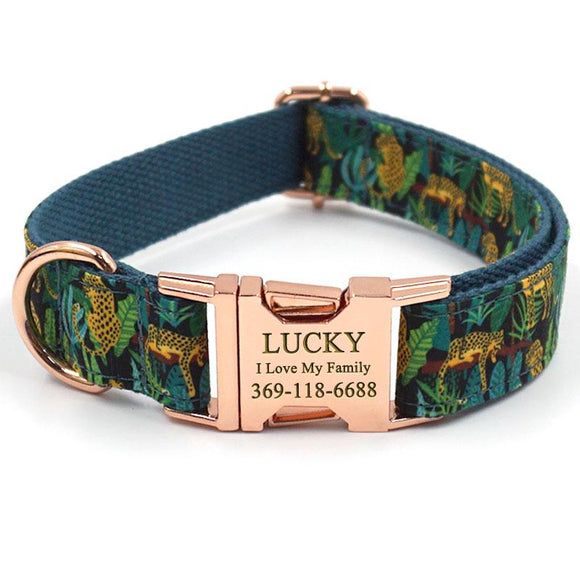 Personalized Dog Collar Set Leopard Print Engraved Rose Gold Metal Buckle