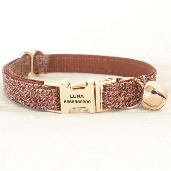 Personalized Cat Collar with Bell Engraved Gold Metal Buckle Brown Tweed