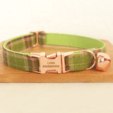 Personalized Cat Collar with Name Engraved Rose Gold Metal Buckle Green Plaid