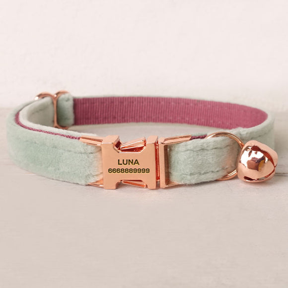 Personalized Cat Collar Engraved Rose Gold Buckle Mint Pink Thick Velvet