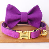 Personalized Cat Collar Engraved Bright Gold Buckle Purple Velvet