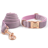 Personalized Dog Collar Set Purple Velvet Engraved Rose Gold Metal Buckle