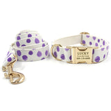 Personalized Dog Collar Set Engraved Gold Buckle Purple Spot Print White Cotton