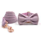Personalized Dog Collar Set Purple Velvet Engraved Rose Gold Metal Buckle