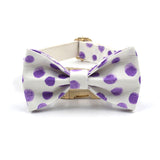 Personalized Dog Collar Set Engraved Gold Buckle Purple Spot Print White Cotton