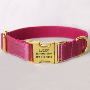Personalized Dog Collar Set Engraved Bright Gold Metal Buckle Red Sating