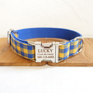 Custom Dog Collar with Name Engraved Metal Buckle Cute Leash Bow Tie Blue Plaid