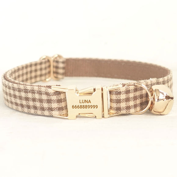 Personalized Cat Collar with Bell Engraved Gold Buckle Brown Plaid