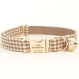 Personalized Cat Collar with Bell Engraved Gold Buckle Brown Plaid