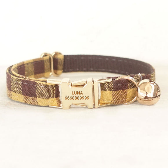 Personalized Cat Collar with Name Engraved Gold Buckle Yellow Brown Plaid