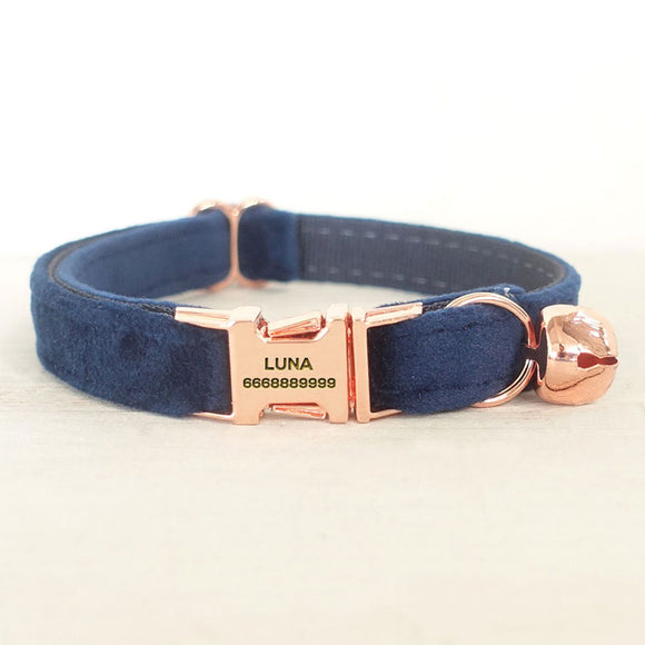 Personalized Cat Collar with Bell Engraved Rose Gold Metal Buckle Dark Blue Thick Velvet
