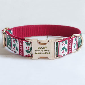 Personalized Dog Collar Set Engraved Gold Metal Buckle Christmas Green Deer