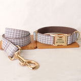 Personalized Dog Collar Set Engraved Gold Buckle White Brown Plaid