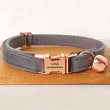 Personalized Cat Collar with Bow Tie Engraved Rose Gold Buckle Grey Thick Velvet