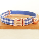Personalized Cat Collar with Name Engraved Rose Gold Buckle Blue Plaid