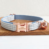 Personalized Cat Collar with Name Engraved Rose Gold Buckle Light Blue Plaid