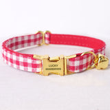 Personalized Cat Collar Bow Tie Set Engraved Bright Gold Buckle Red Plaid