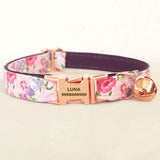 Personalized Cat Collar Flower Print with Bell Engraved Rose Gold Buckle Purple