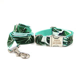 Personalized Dog Collar Engraved Metal Buckle with Leash Bow Tie - Coconut Leaf