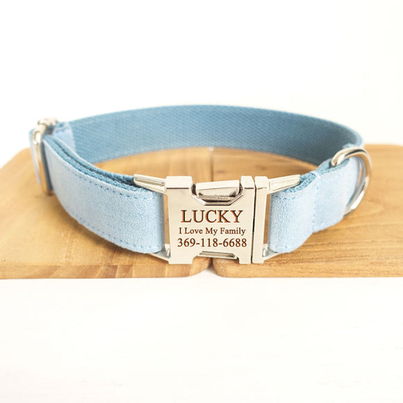Custom Dog Collar with Matching Dog Leash Sky Blue Velvet Engraved Metal Buckle