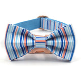 Personalized Dog Collar Engraved with Leash Bow Tie Rose Gold Buckle Blue Stripe