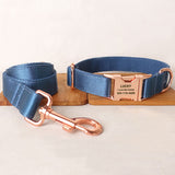 Personalized Dog Collar Set Engraved Rose Gold Buckle Ocean Blue Sating