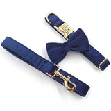 Personalized Dog Collar Dark Blue Velvet with Name Engraved Gold Metal Buckle