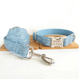 Personalized Dog Collar Engraved Metal Buckle Light Blue Suit with Matching Part