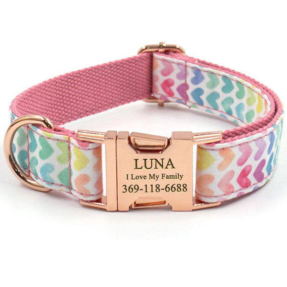 Custom Dog Collar with Name Engraved Rose Gold Buckle Cute Pink Colorful Heart