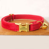 Personalized Cat Collar with Bell Engraved Bright Gold Buckle Red Thick Velvet