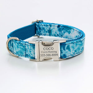 Personalized Dog Collar with Name Engraved Quick Release Metal Buckle - Blue Ocean