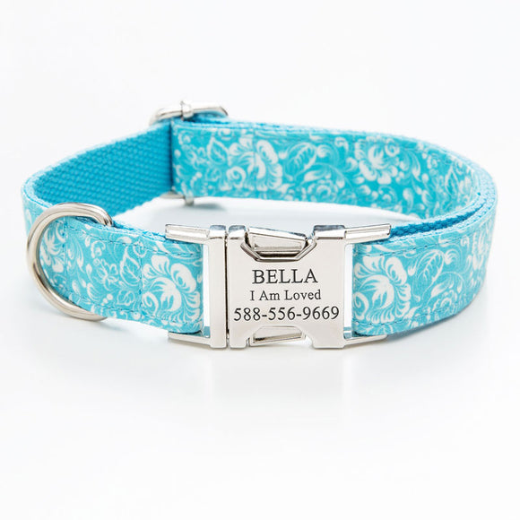 Personalized Dog Collar with Name Engraved Quick Release Metal Buckle - Cyan