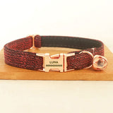 Personalized Cat Collar with Bell Engraved Rose Gold Metal Buckle Red Tweed