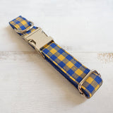 Custom Dog Collar with Name Engraved Metal Buckle Cute Leash Bow Tie Blue Plaid