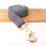 Personalized Dog Collar Set Engraved Gold Buckle Grey Tweed