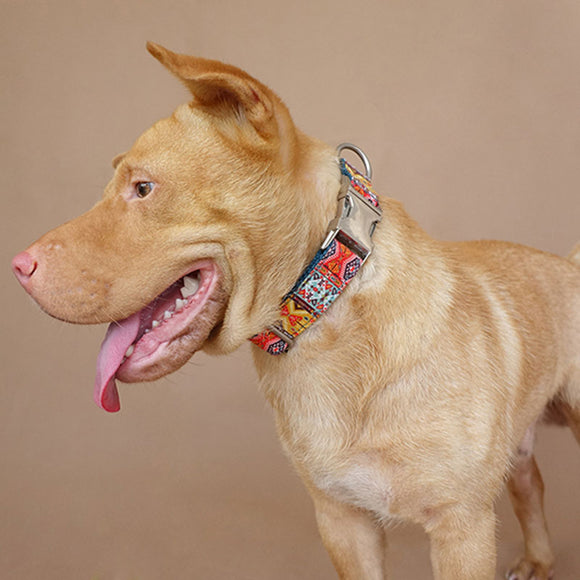 Custom Bohemian Dog Collar Set with Name Engraved Metal Buckle Cyan