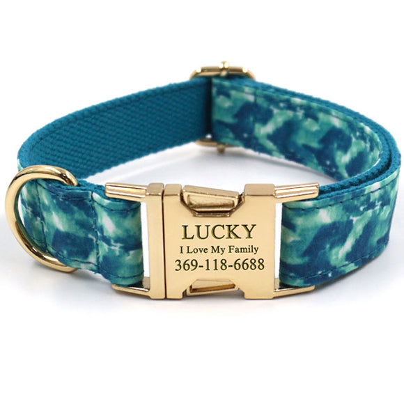 Personalized Dog Collar Set with Name Engraved Gold Metal Buckle Dark Cyan