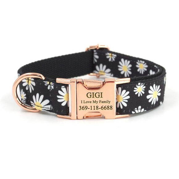 Personalized Dog Collar with Name Engraved Rose Gold Metal Buckle - Black Mums