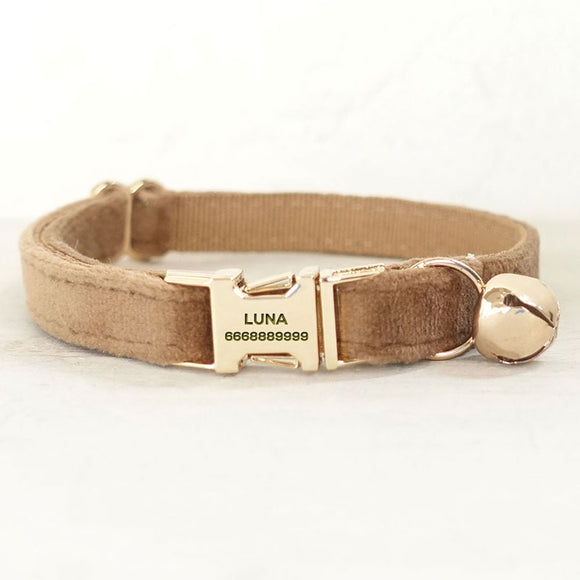 Custom Cat Collar with Bell Engraved Gold Metal Buckle Camel Thick Velvet