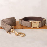 Personalized Dog Collar Set Engraved Gold Buckle Light Brown Tweed