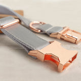 Personalized Dog Collar Set  Engraved Rose Gold Buckle Grey Sating