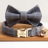 Personalized Cat Collar with Bell Bow Tie Engraved Gold Buckle Grey Flannel Plaid