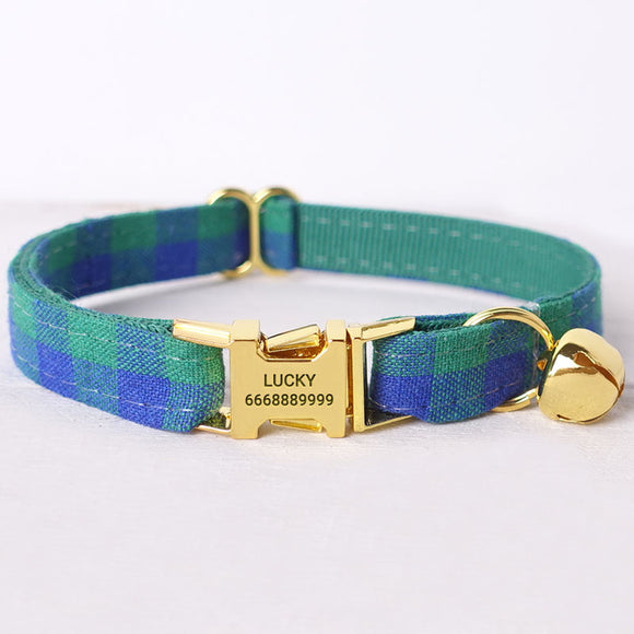 Personalized Cat Collar with Name Engraved Bright Gold Buckle Green Plaid