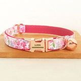 Personalized Cat Collar Flower Print with Bell Engraved Rose Gold Buckle Pink