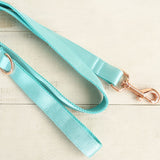 Personalized Dog Collar Set Engraved Rose Gold Buckle Cyan Sating