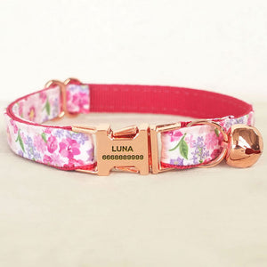 Personalized Cat Collar Flower Print with Bell Engraved Rose Gold Buckle Pink