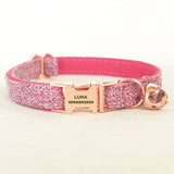 Personalized Cat Collar with Bell Engraved Rose Gold Metal Buckle Pink Tweed